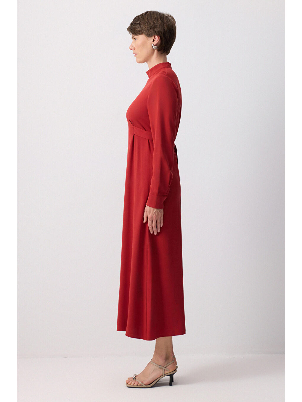 Bordo Belden Bağlamalı Viskon Elbise-2