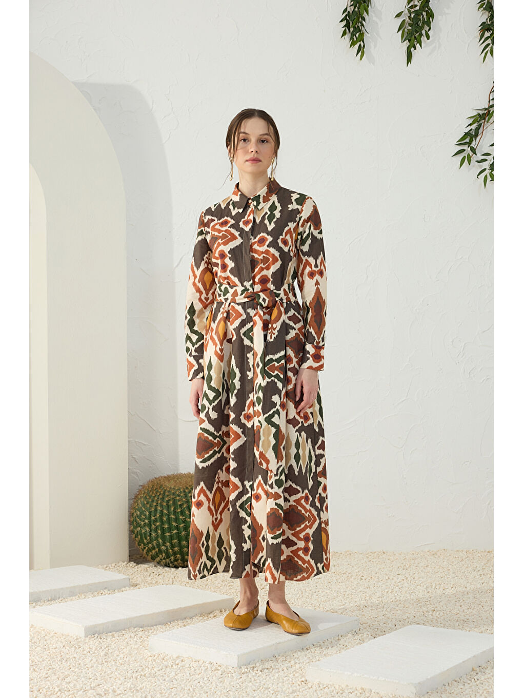 Turuncu Klasik Keten Desenli Elbise-4