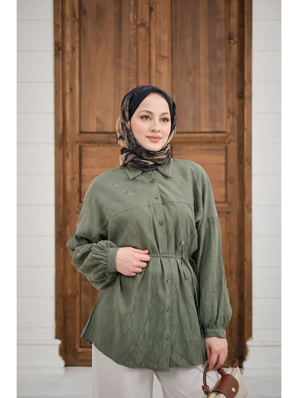 Kadın Bel Bağlamalı Tencele Gömlek Haki Yeşil-3