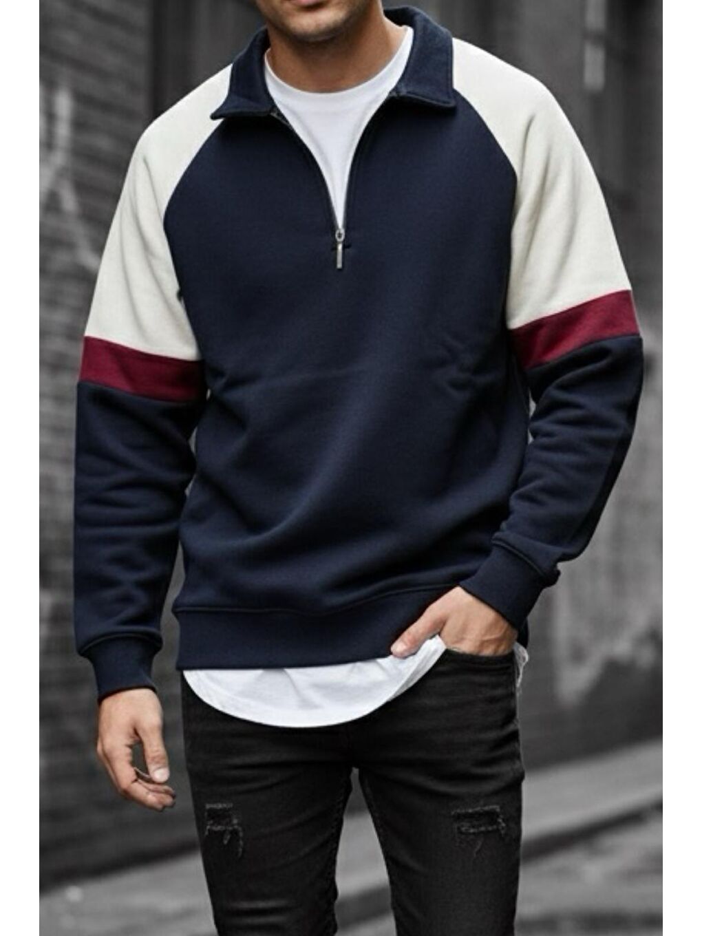 Lacivert Wesst Üç İplik Şardonlu Yarım Fermuarlı Yaka Erkek Sweatshirt