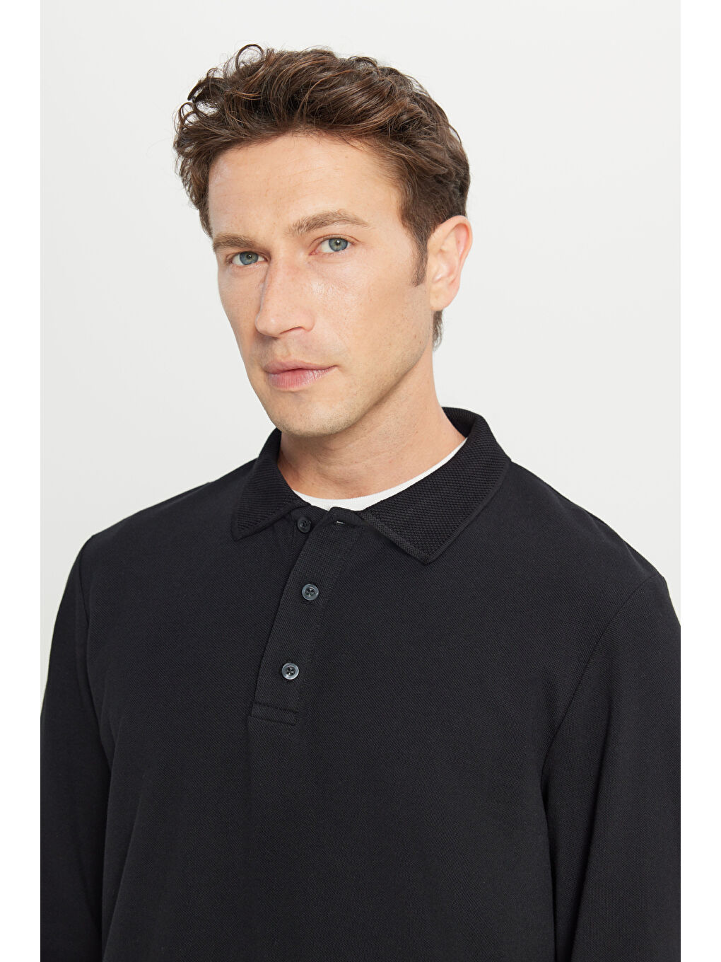 Erkek Siyah %100 Pamuk Standart Fit Normal Kesim Polo Yaka Sweatshirt-3
