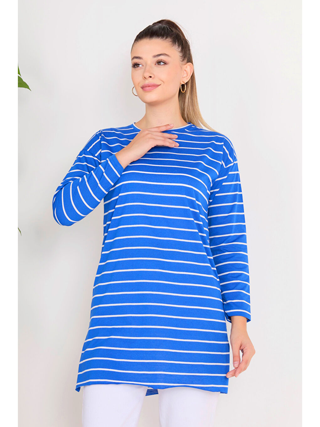 Mavi Çİzgili Yırtmaçlı Tunik Saks - 27134