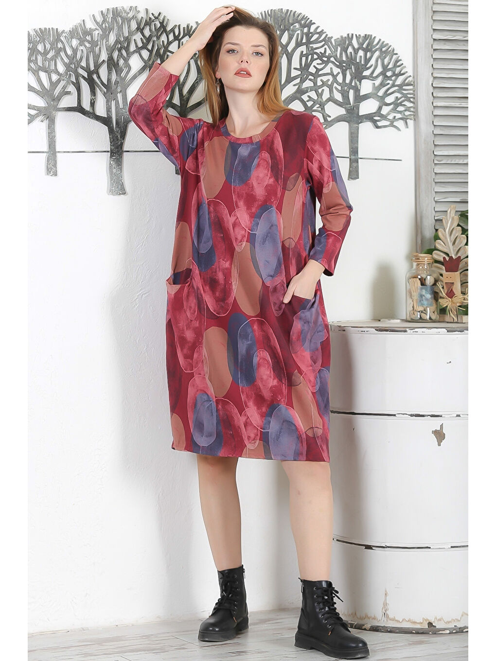 İtalyan Beyaz-Bordo Yuvarlak Yaka Uzun Kol Cepli Allover Baskılı 2 İplik Şardonsuz Örme Elbise-2