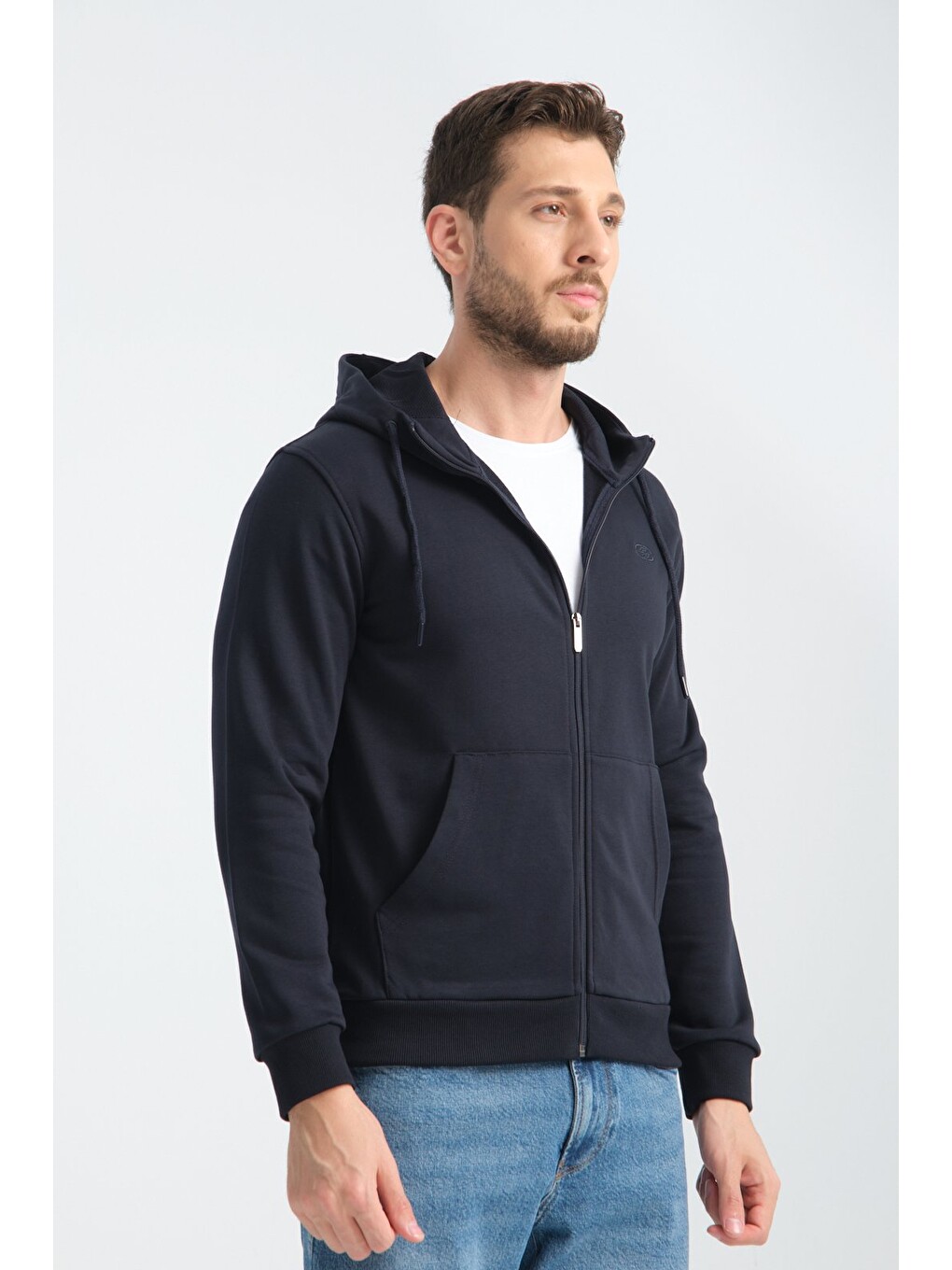 Lacivert Erkek Üç İplik Şardonsuz Fermuarlı Kapüşonlu Sweatshirt-1