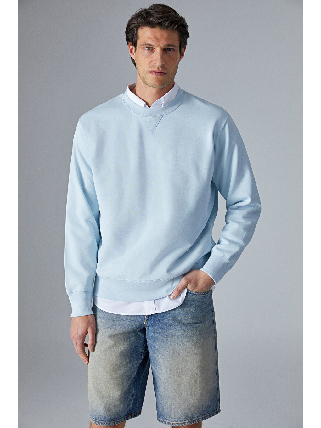 Bonell Erkek %100 Pamuk Relaxed Bisiklet Yaka Uzun Kollu Açık Mavi Sweatshirt-2
