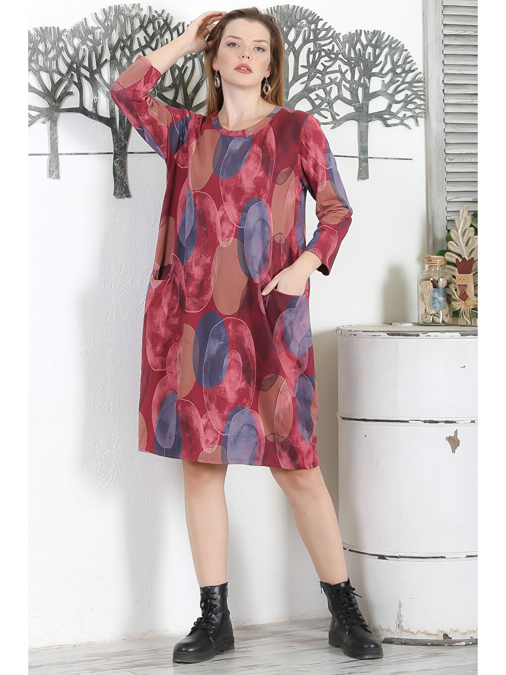 İtalyan Beyaz-Bordo Yuvarlak Yaka Uzun Kol Cepli Allover Baskılı 2 İplik Şardonsuz Örme Elbise-3