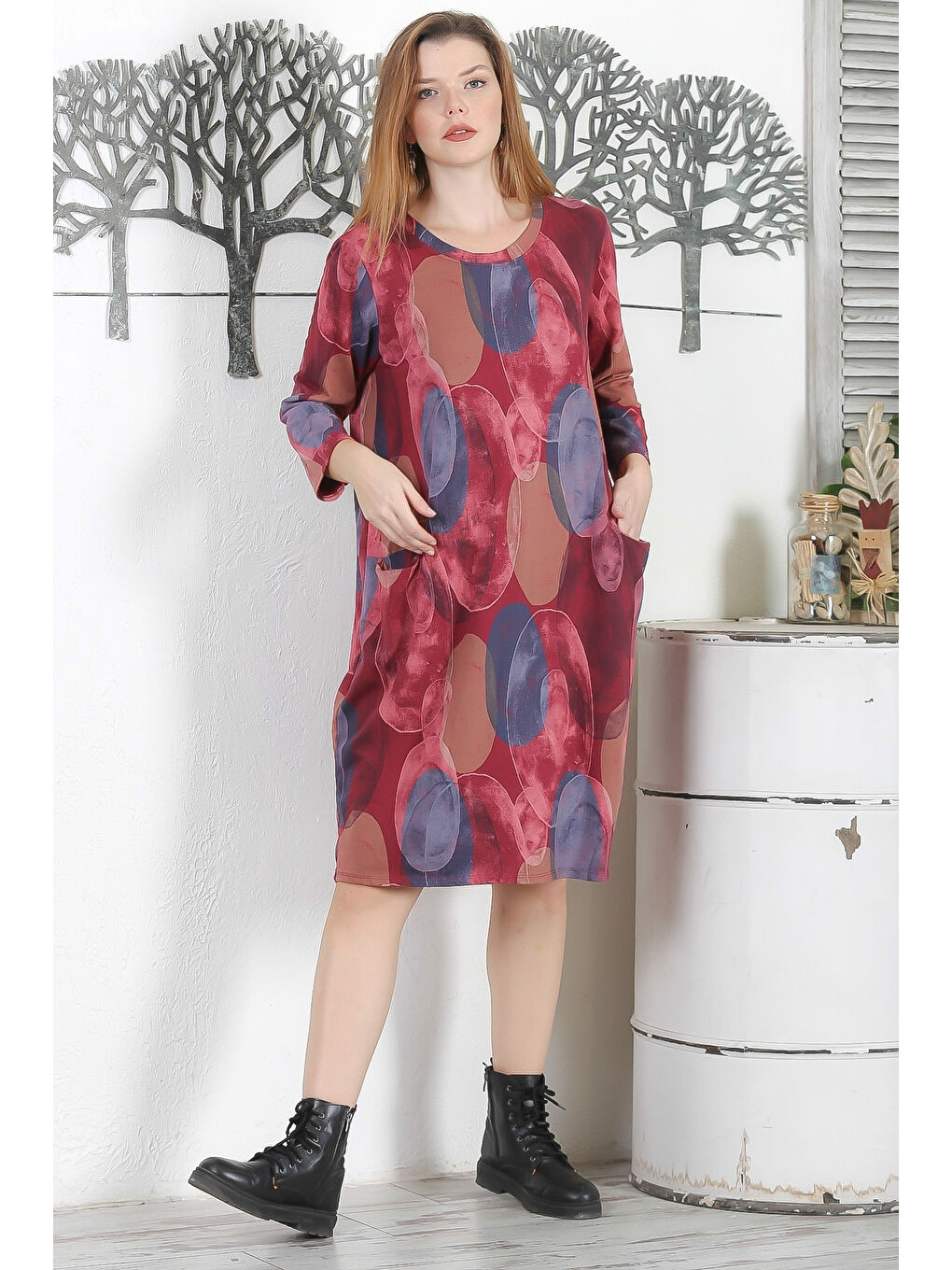 İtalyan Beyaz-Bordo Yuvarlak Yaka Uzun Kol Cepli Allover Baskılı 2 İplik Şardonsuz Örme Elbise-4