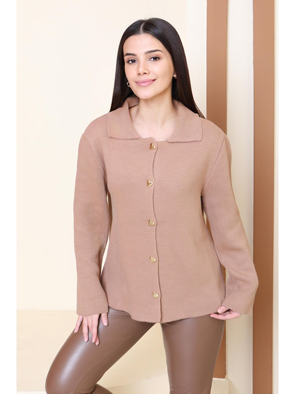 Bej Kalp Düğmeli Triko Ceket Vizon - 27835-VIZON-1