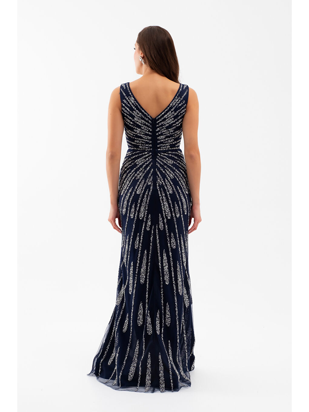 Kadın Lacivert Kolsuz V Yaka Yırtmaçlı Uzun Taşlı Balık Abiye-5