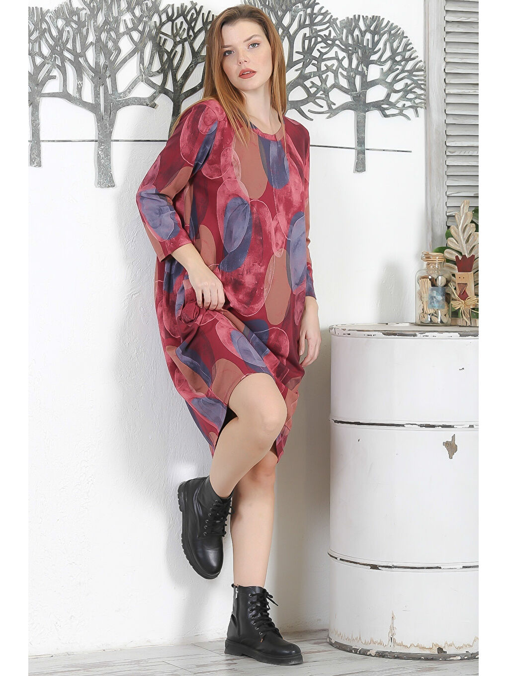 İtalyan Beyaz-Bordo Yuvarlak Yaka Uzun Kol Cepli Allover Baskılı 2 İplik Şardonsuz Örme Elbise-5