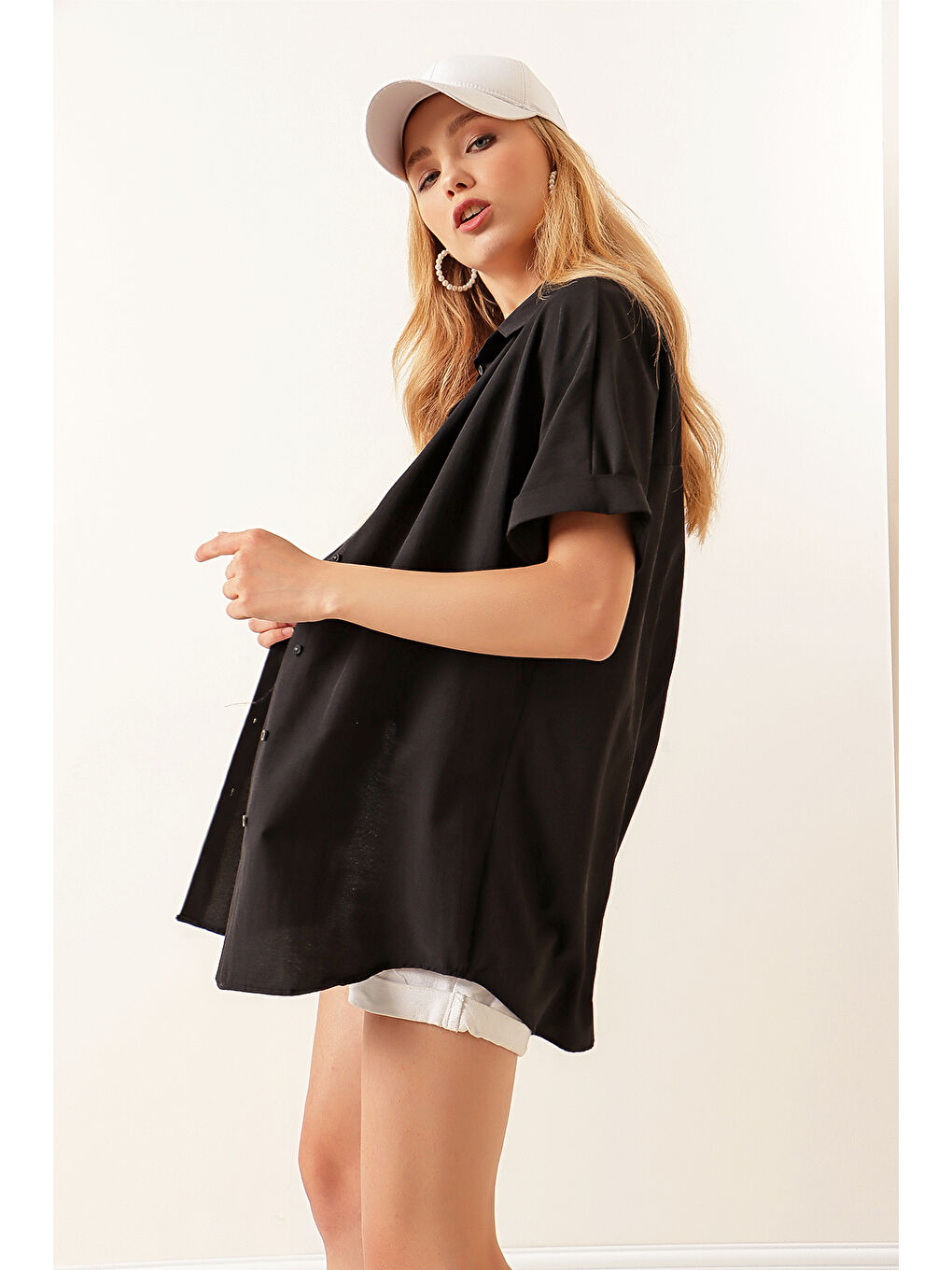 20120 Oversize Kısa Kollu Gömlek - Siyah-3