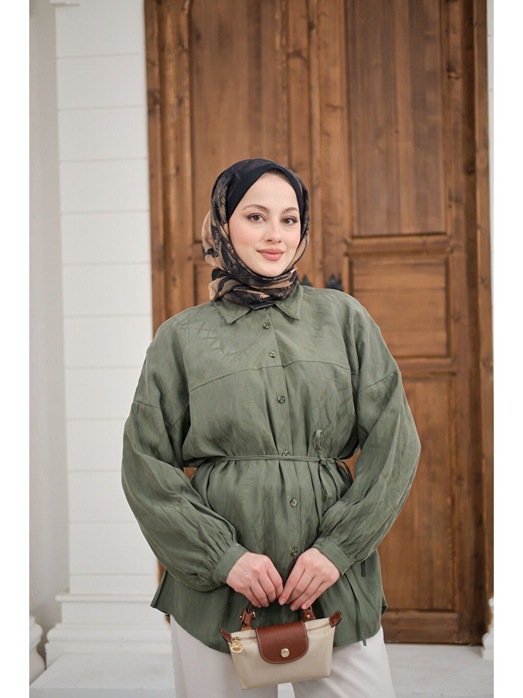 Kadın Bel Bağlamalı Tencele Gömlek Haki Yeşil-4