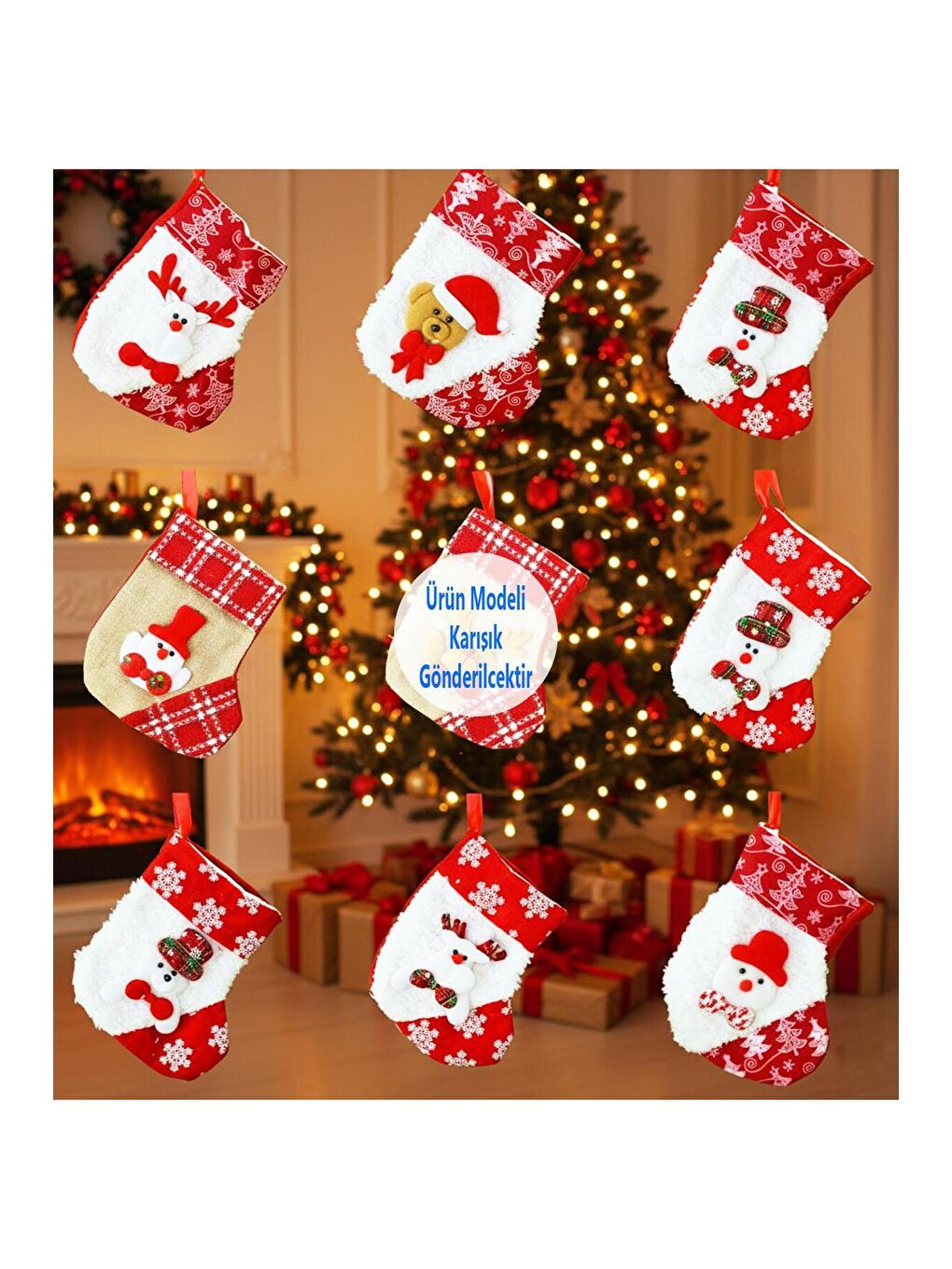 Karışık Yılbaşı Desenli Kırmızı Çorap Yılbaşı Süsü-2