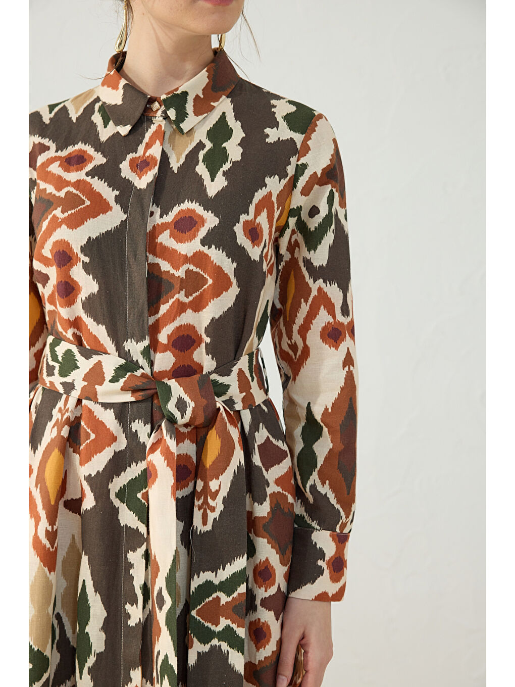 Turuncu Klasik Keten Desenli Elbise-5