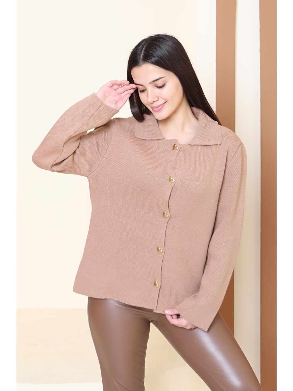 Bej Kalp Düğmeli Triko Ceket Vizon - 27835-VIZON-2