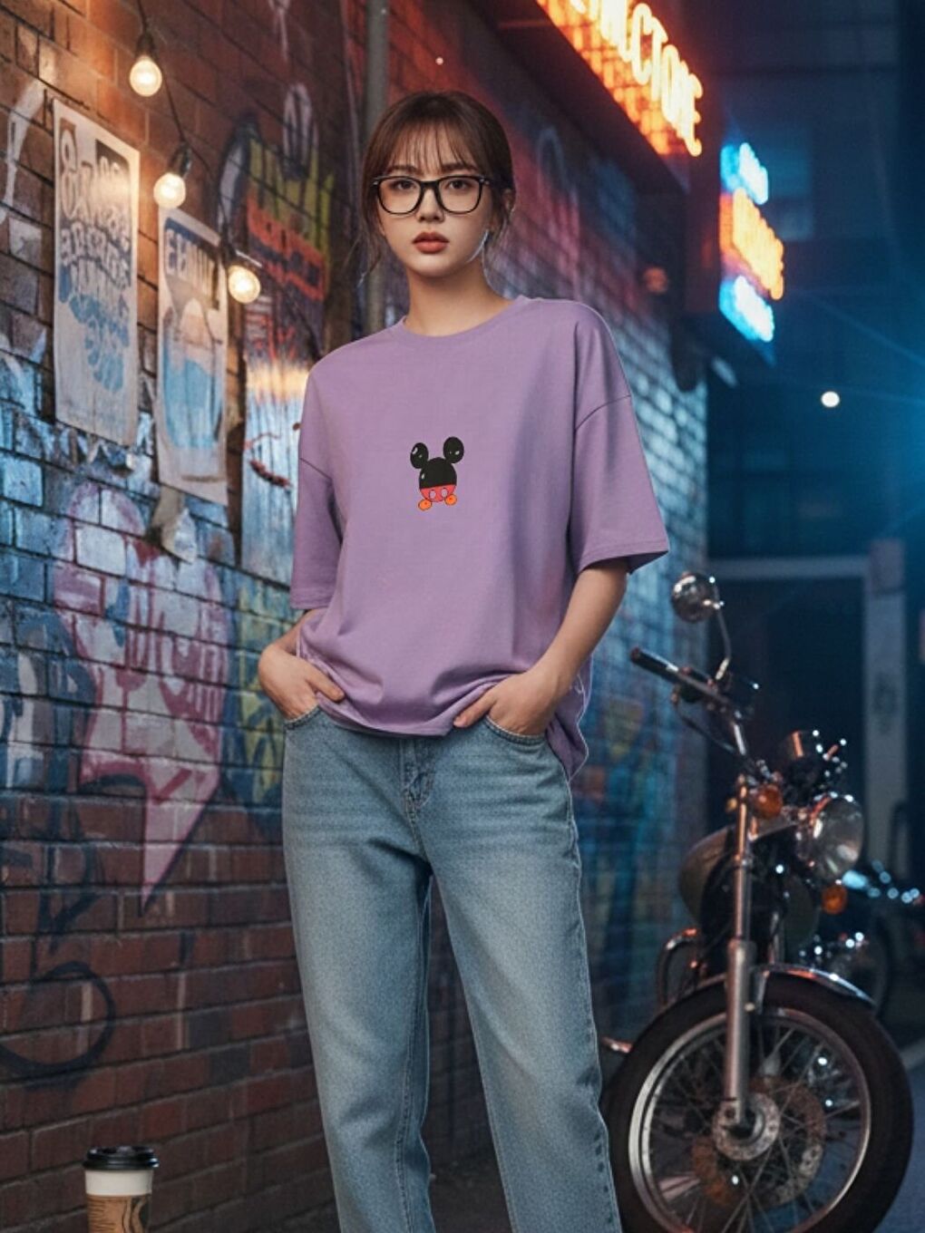 Lila Mouse Baskılı Tişört-1