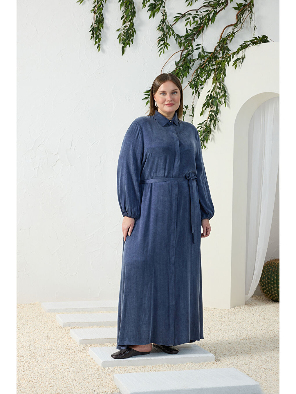 Lacivert Lastikli Gömlek Yaka Elbise-1