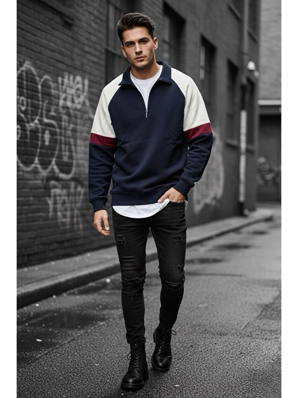 Lacivert Wesst Üç İplik Şardonlu Yarım Fermuarlı Yaka Erkek Sweatshirt-1