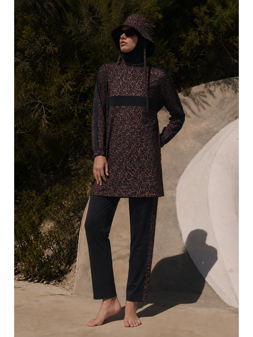 Kahverengi SOLARA WİLD | Leopar Desen Siyah Tesettür Mayo 5 li Set-1