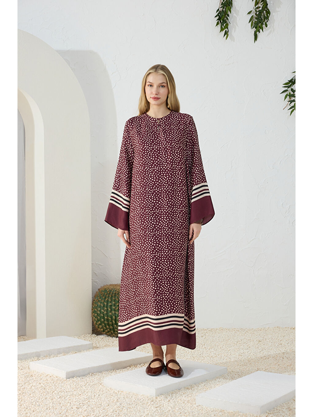 Bordo Desenli Bisiklet Yaka Elbise-2