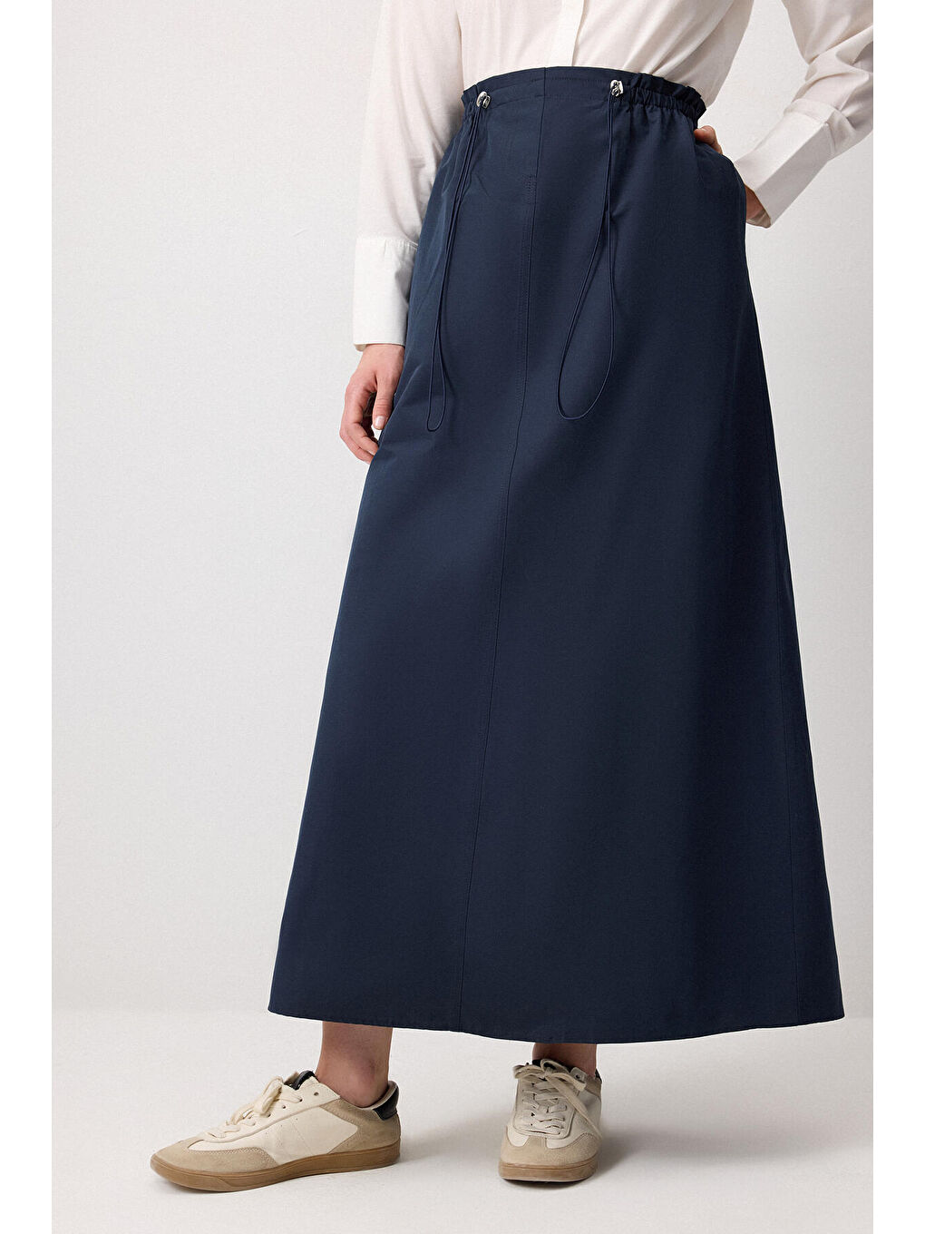 Lacivert Beli Lastikli Dokuma Etek-1