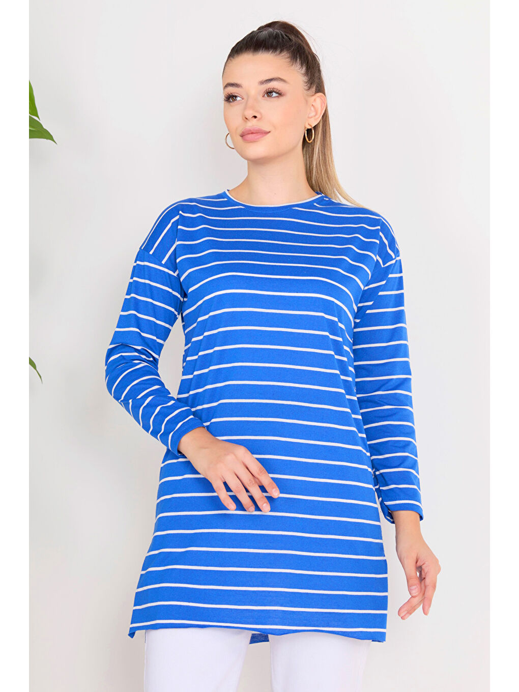 Mavi Çİzgili Yırtmaçlı Tunik Saks - 27134-1