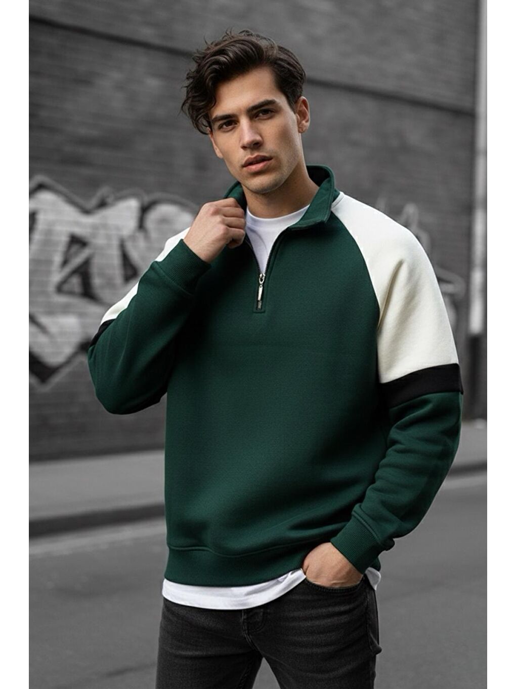 Yeşil Wesst Üç İplik Şardonlu Yarım Fermuarlı Yaka Erkek Sweatshirt