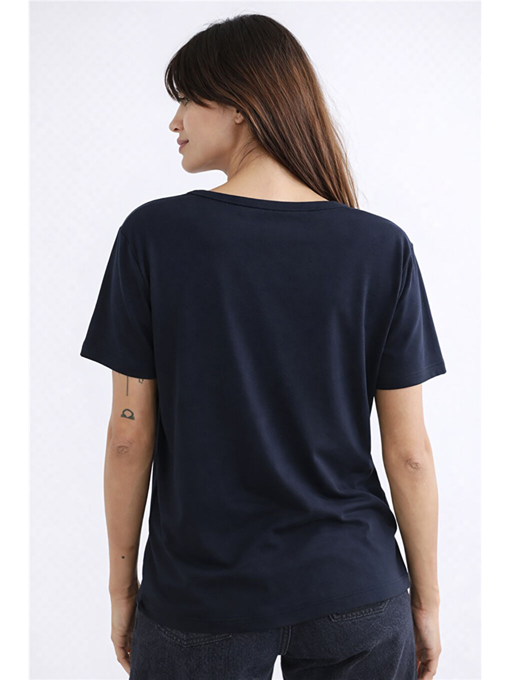 Lacivert Standart Fit V Yaka Kısa Kollu Kadın Bluz 26Y0021K1-3