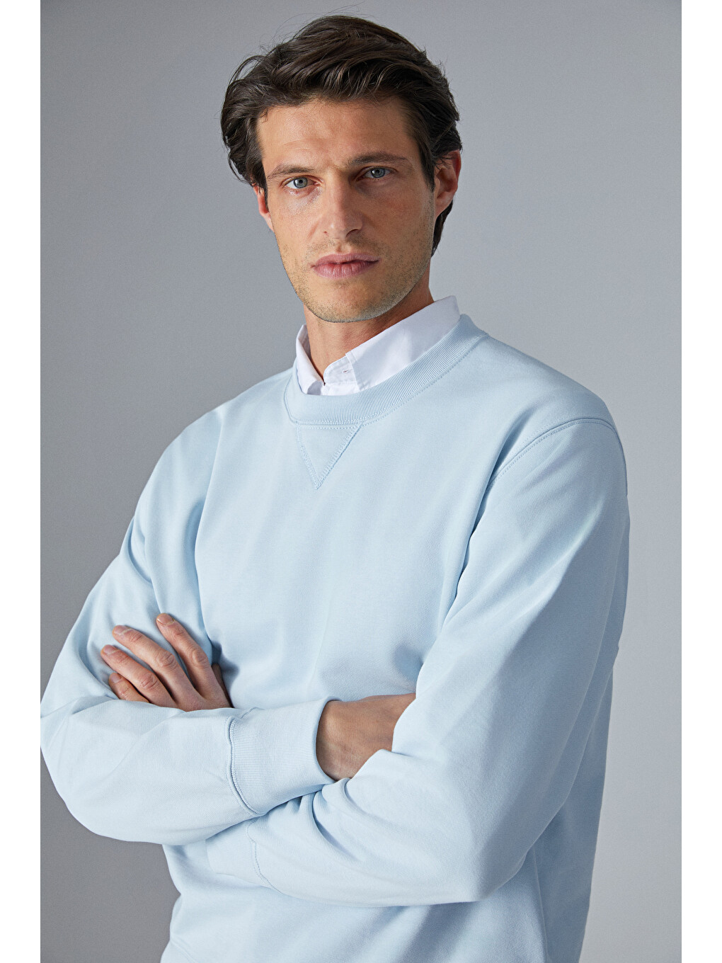 Bonell Erkek %100 Pamuk Relaxed Bisiklet Yaka Uzun Kollu Açık Mavi Sweatshirt-3