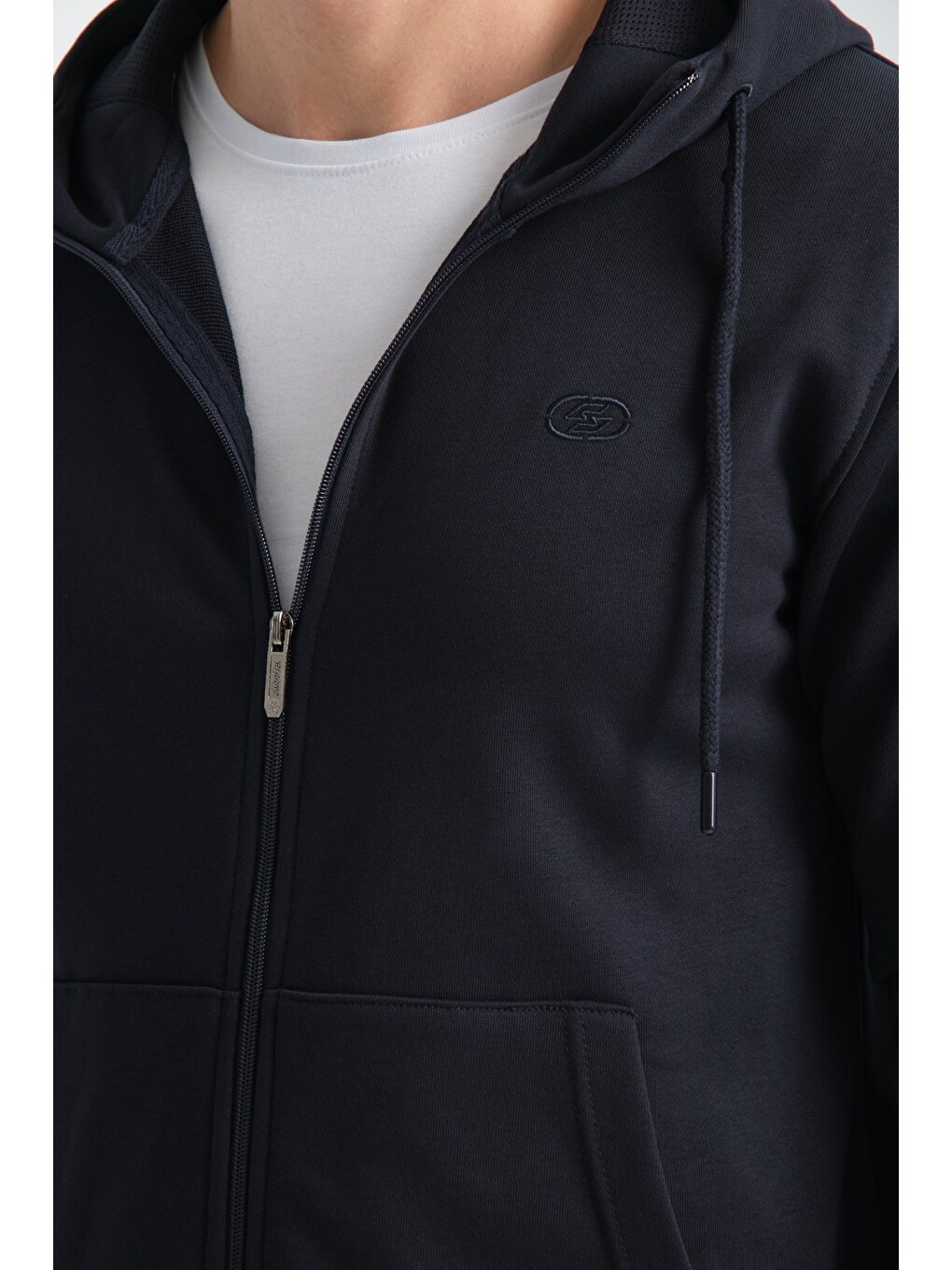 Lacivert Erkek Üç İplik Şardonsuz Fermuarlı Kapüşonlu Sweatshirt-2