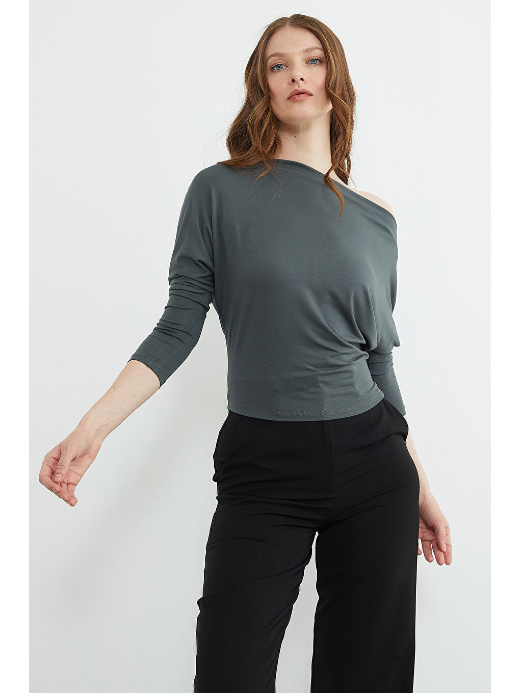 Haki Basic Kayık Yaka Yarasa Kol Bluz-4