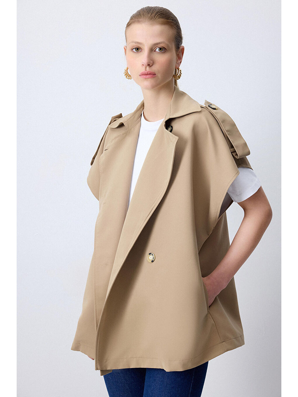 Bej Kruvaze Trenç Yelek-3