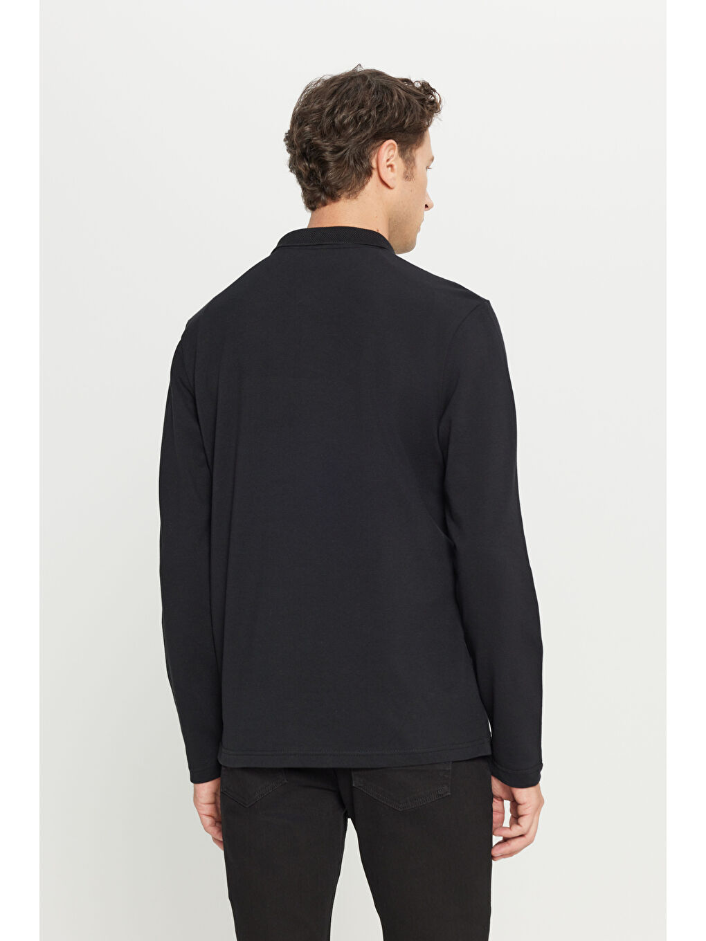 Erkek Siyah %100 Pamuk Standart Fit Normal Kesim Polo Yaka Sweatshirt-4