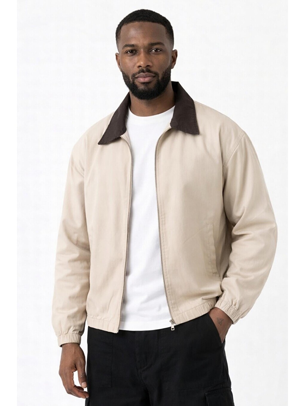 Bej Erkek Gabardin Ceket Oversize Polo Yaka Detaylı Rahat Kalıp Beli Lastikli-1