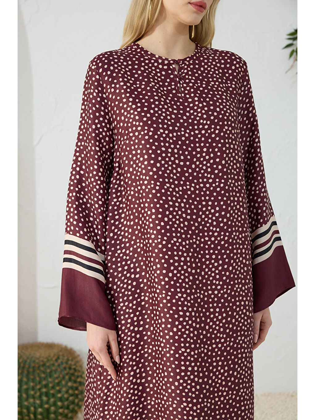 Bordo Desenli Bisiklet Yaka Elbise-3