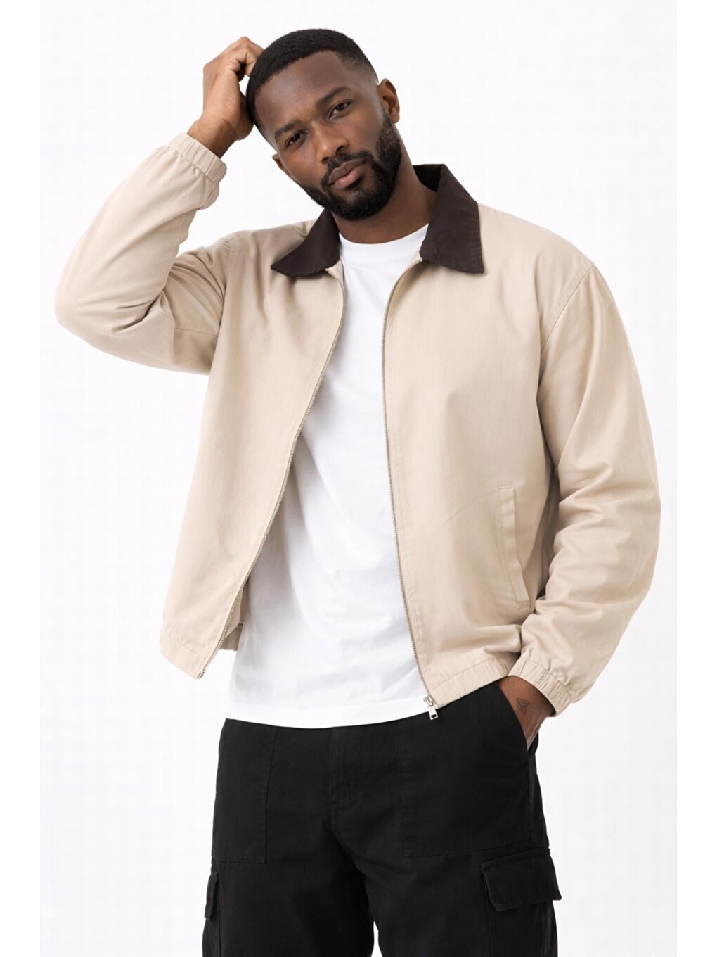 Bej Erkek Gabardin Ceket Oversize Polo Yaka Detaylı Rahat Kalıp Beli Lastikli-3