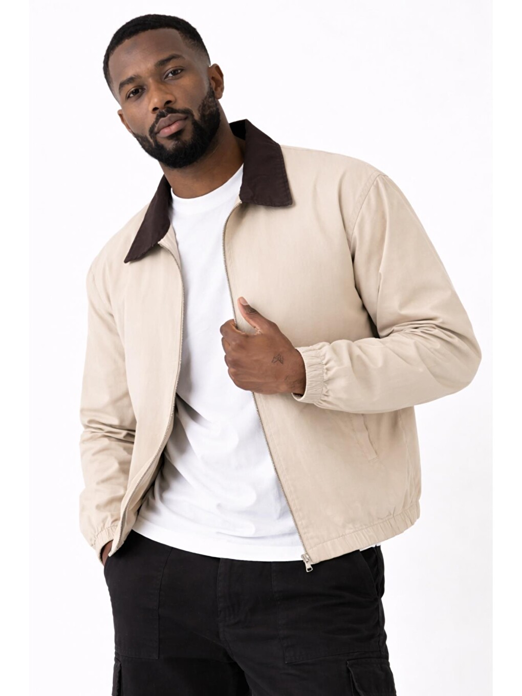 Bej Erkek Gabardin Ceket Oversize Polo Yaka Detaylı Rahat Kalıp Beli Lastikli-4