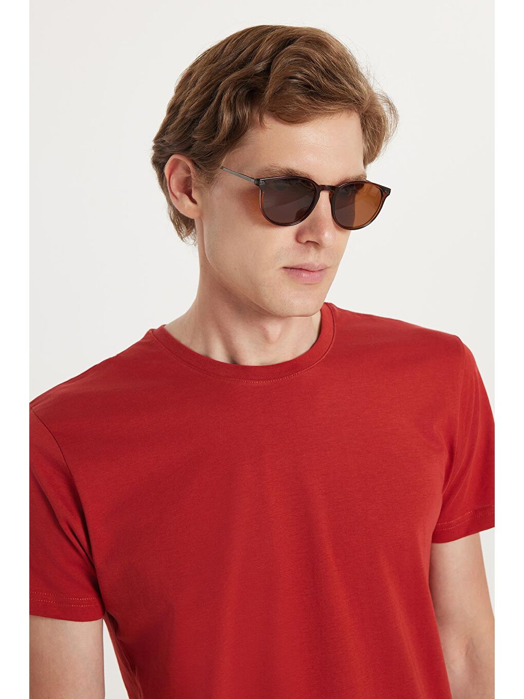 Kahverengi Unisex Slim Fit Dar Kesim %100 Pamuk Yumuşak Dokulu Kiremit Bisiklet Yaka Tişört