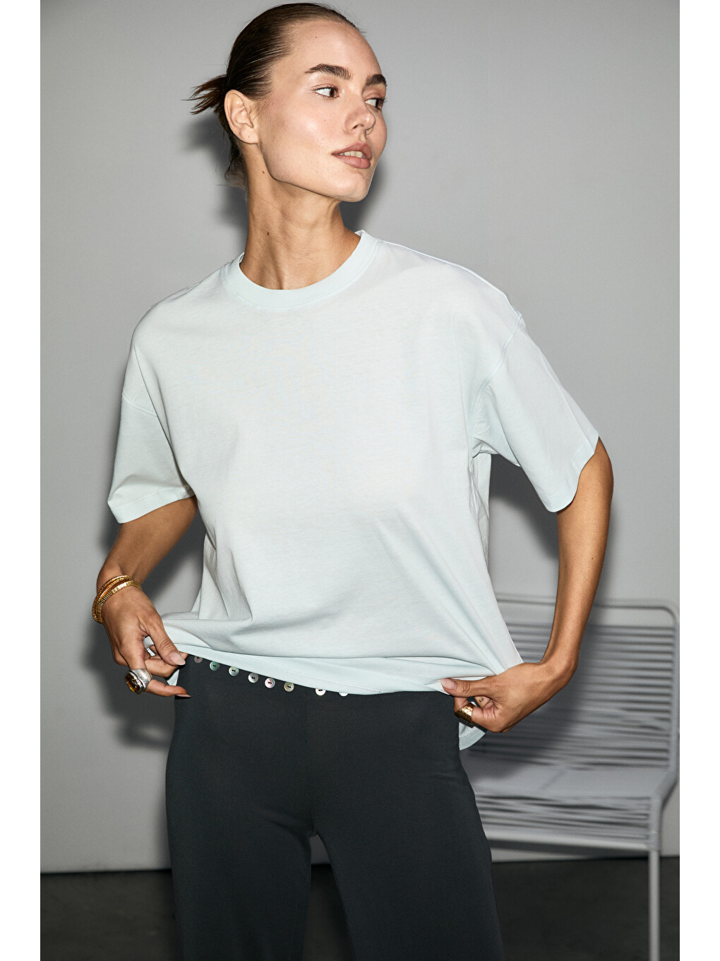 Mavi LAGERTHA Kadın %100 organik Pamuklu Kalın Dokulu Oversize Fit Yuvarlak Yakalı AÇIK MAVİ T-Shirt-1
