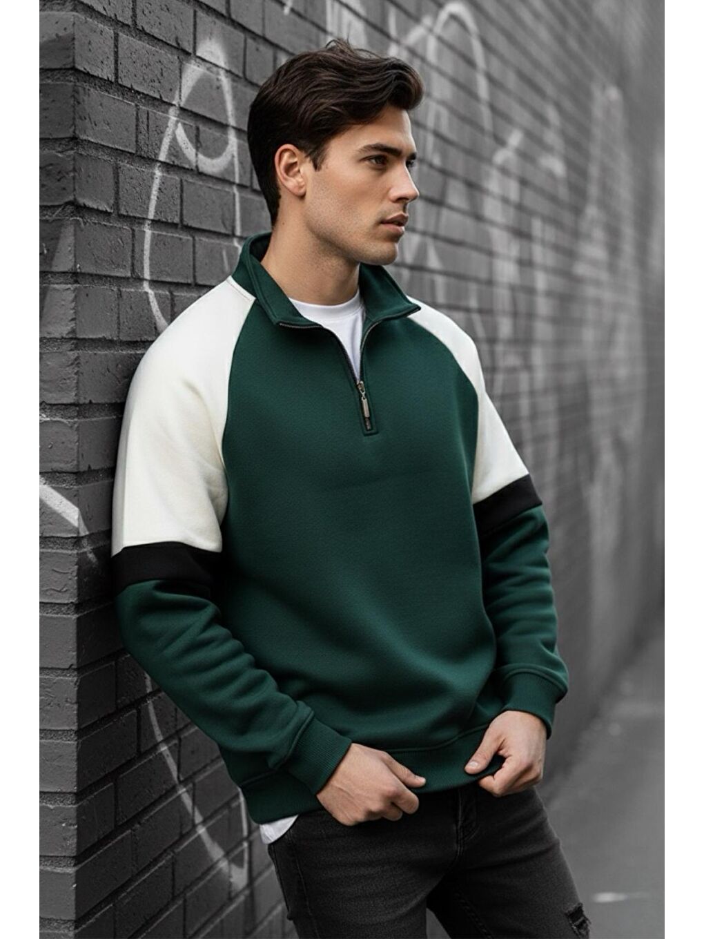 Yeşil Wesst Üç İplik Şardonlu Yarım Fermuarlı Yaka Erkek Sweatshirt-1