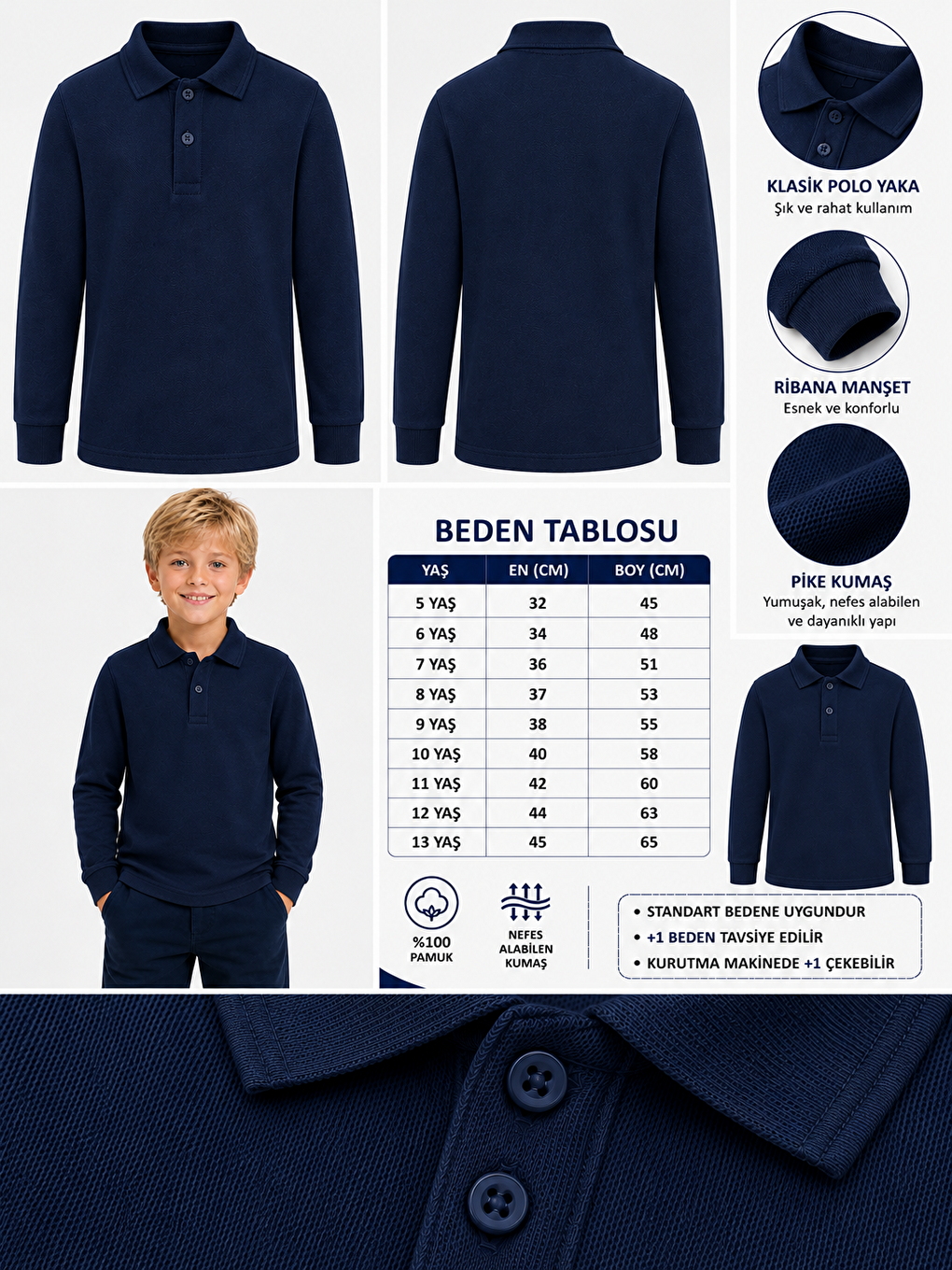 Lacivert Kids Polo Yaka Basic Uzun Kollu Unisex Erkek Çocuk Tişört-1