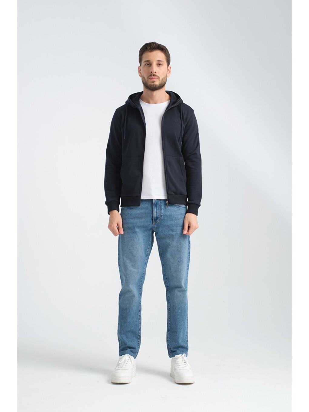 Lacivert Erkek Üç İplik Şardonsuz Fermuarlı Kapüşonlu Sweatshirt-3