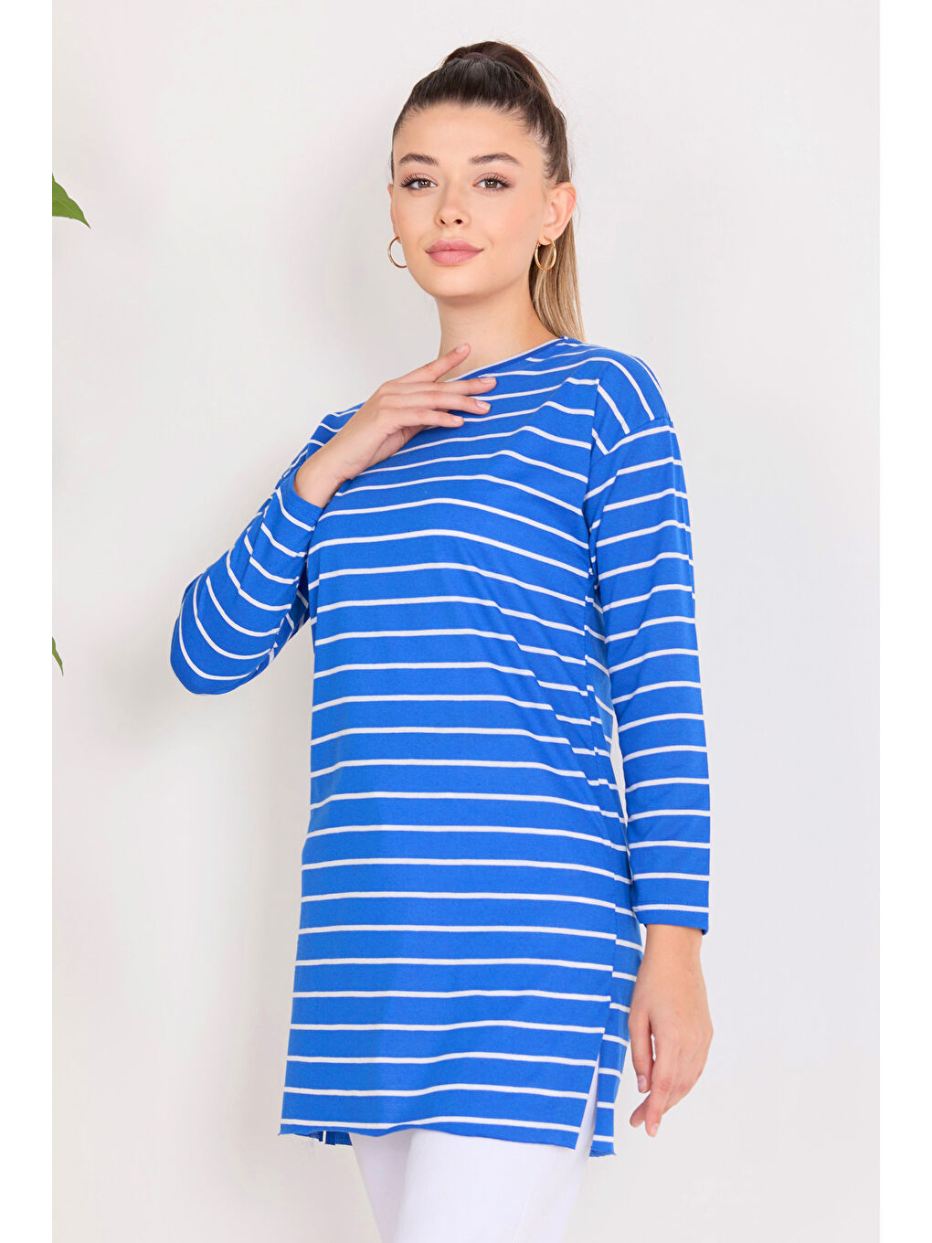 Mavi Çİzgili Yırtmaçlı Tunik Saks - 27134-2