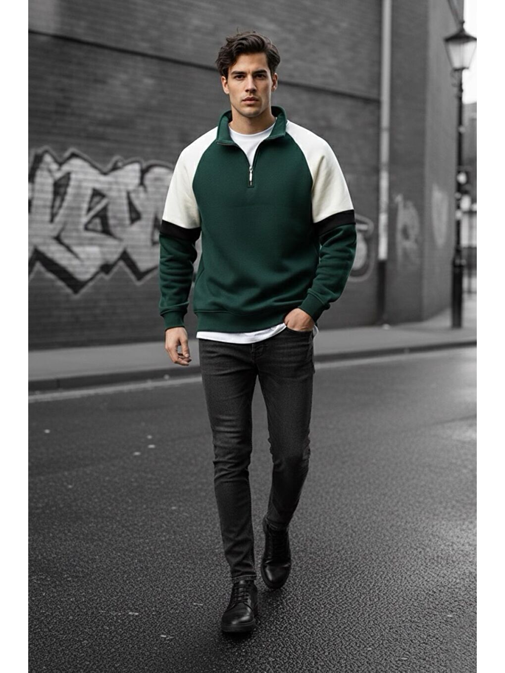 Yeşil Wesst Üç İplik Şardonlu Yarım Fermuarlı Yaka Erkek Sweatshirt-2