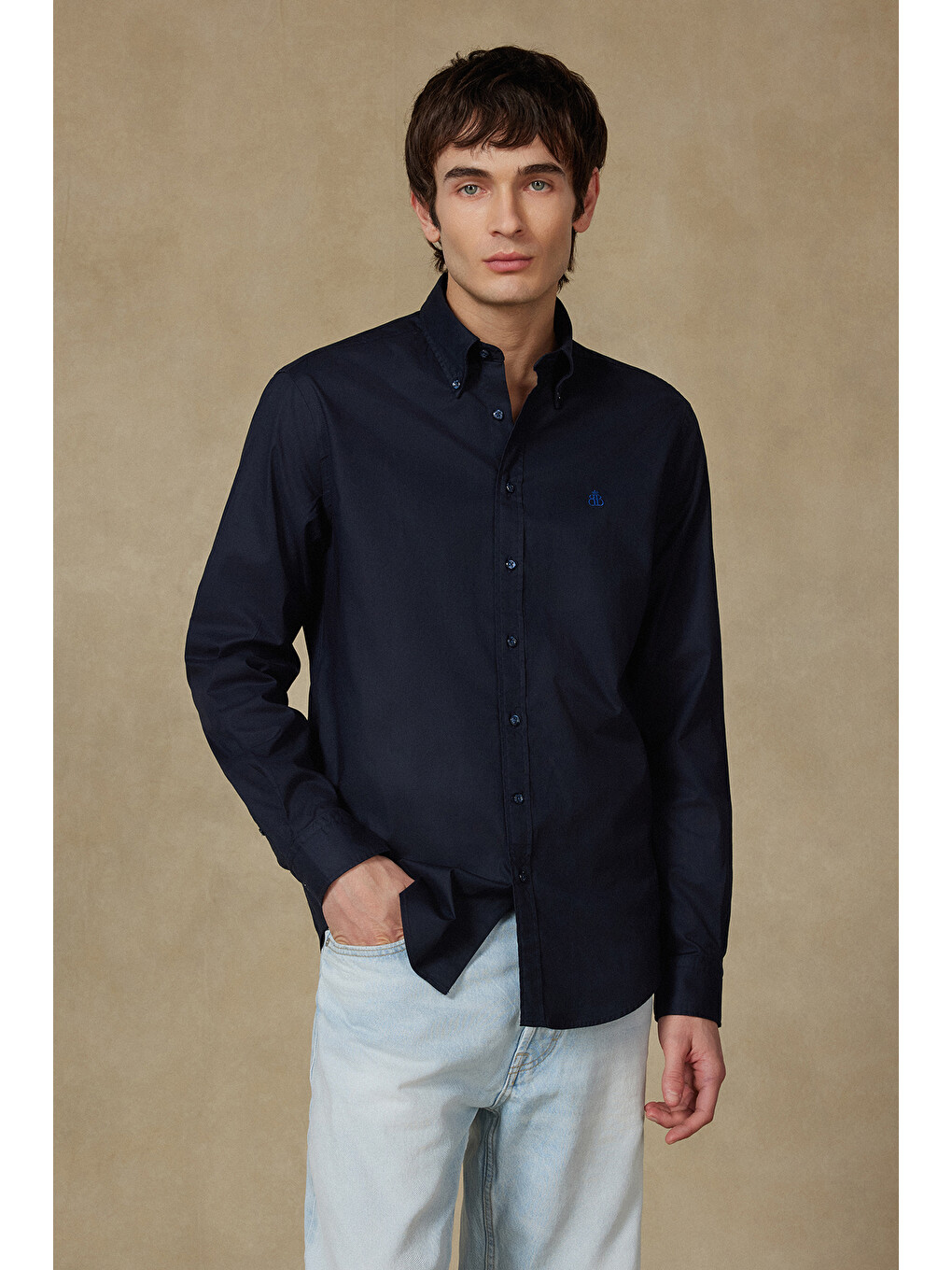 Luca Oxford Stretch Pamuk Karışımlı Comfort Fit Lacivert Düğmeli Yaka Erkek Düz Gömlek-1