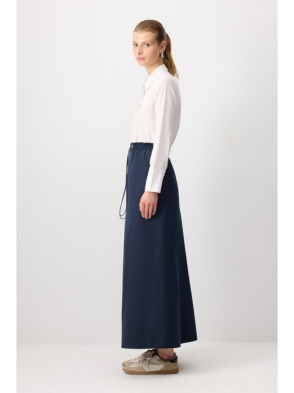 Lacivert Beli Lastikli Dokuma Etek-2