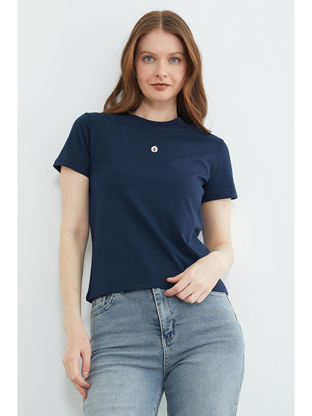 Lacivert Metal Aksesuarlı Bisiklet Yaka Tişört-1