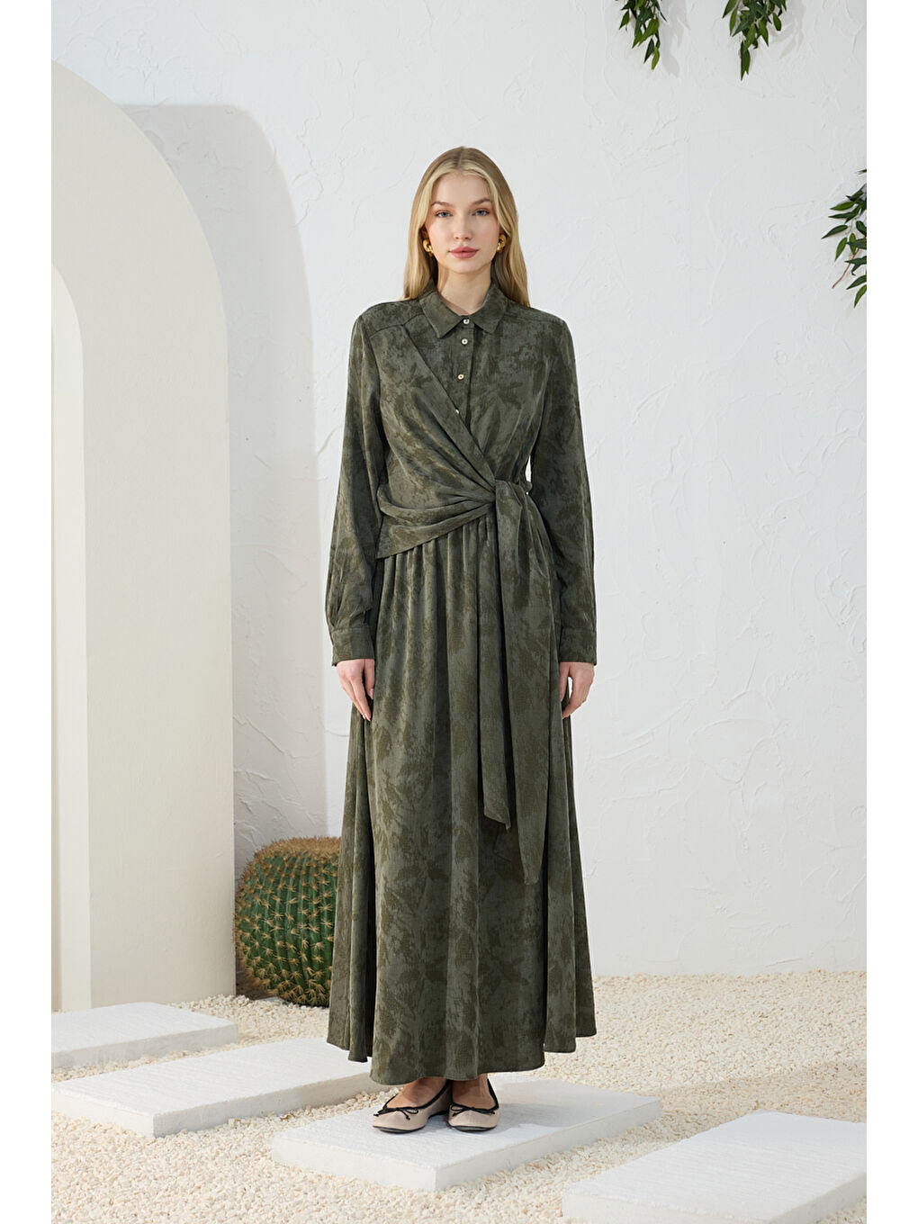 Haki Jakarlı Bağlama Detaylı Elbise-1