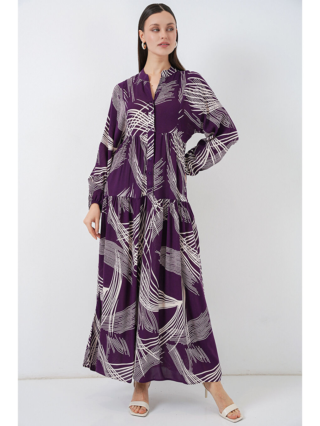 Kadın Desenli Uzun Tesettür Elbise 2585 - Mor