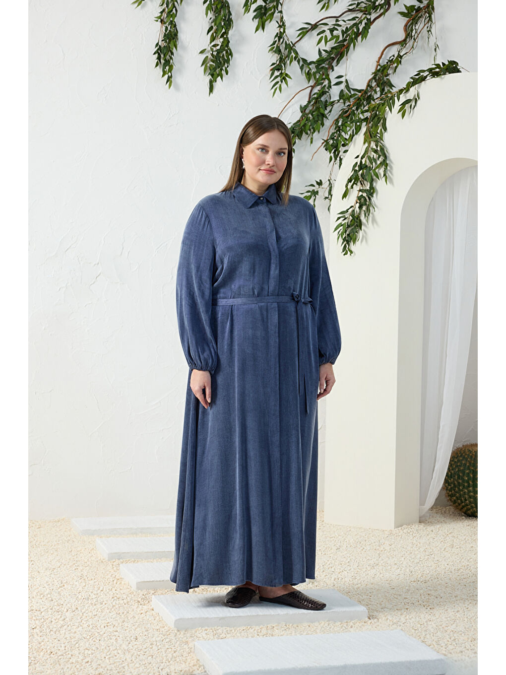 Lacivert Lastikli Gömlek Yaka Elbise-2